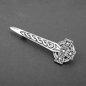 Celtic Sword and Cross Brooch - Silver Tone